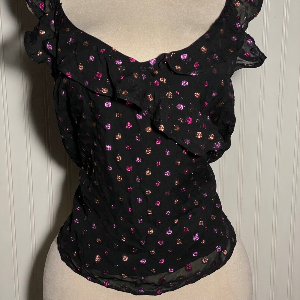 NWT LOFT Whimsical Black Metallic Polka Dot Ruffle Blouse Girly Feminine Chic- L
